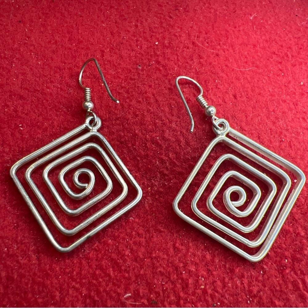 Artisan crafted square swirl earrings sterling silver spiral dangle hook CII